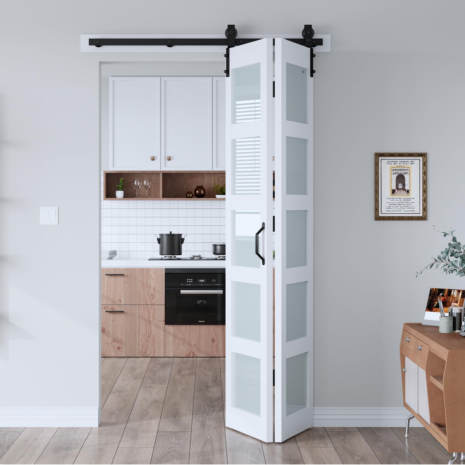View 1 of ***************FOR PARTS ONLY-Multiple pieces are damaged****************
EaseLife 48"x 84" (Double 24" x 84") Bifold Barn Door, Bifold Sliding Barn Door with Hardware Kit, Solid MDF Wood Slab Covered with Water-Proof PVC Surface, Frosted Glass Panel, Ass