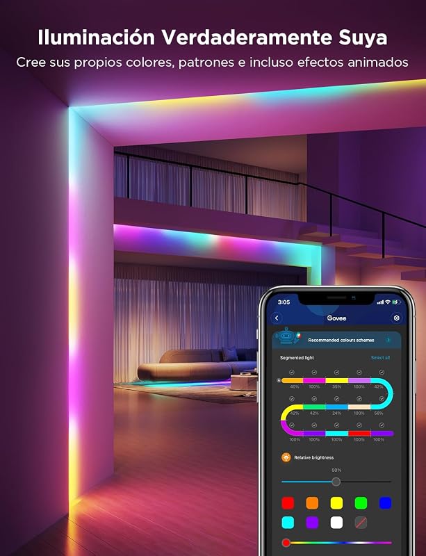 Tira LED 5M, luzes LED RGB com Controlo de Segmento, Sincronização de Música, 64 Modos de Cena, Controlo por App e Milhões de Cores para Quarto, Sala de Estar, Festa