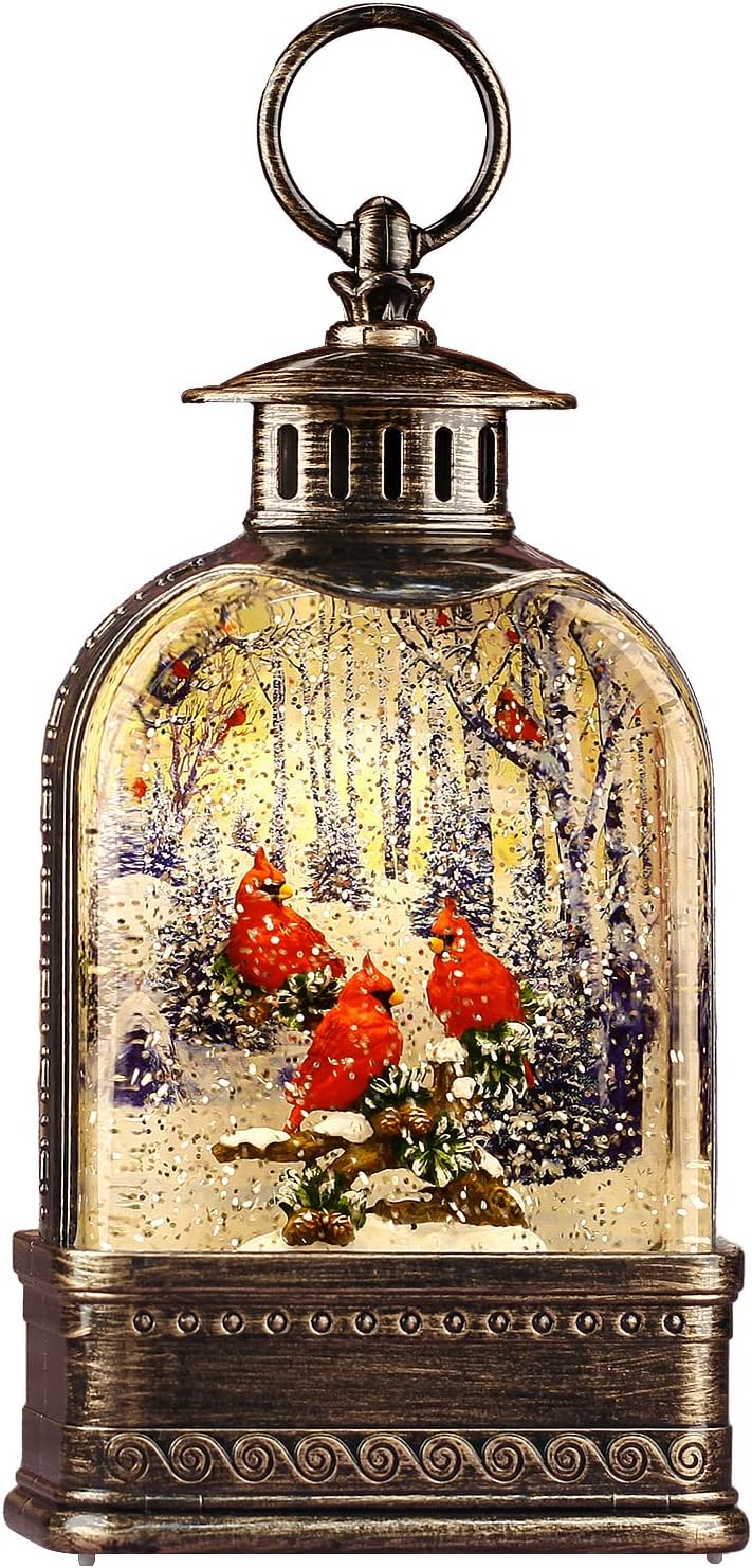Snow Globes - Cardinal Snow Globe, Christmas Snow Globe,Musical Glittering Lantern Swirling,Christmas Decorations Indoor Ornament Gifts Red Cardinal/Church, Trees and Home, Battery or USB Powered(11 Inch)