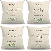 7COLORROOM 4Pack Inspirational Quotes Pillow Covers Double-Sided Printed Encouraging Saying Words with Green Leaves Cushion Cover Farmhouse Home Decor Pillowcases 18”×18”for Housewarming Gifts