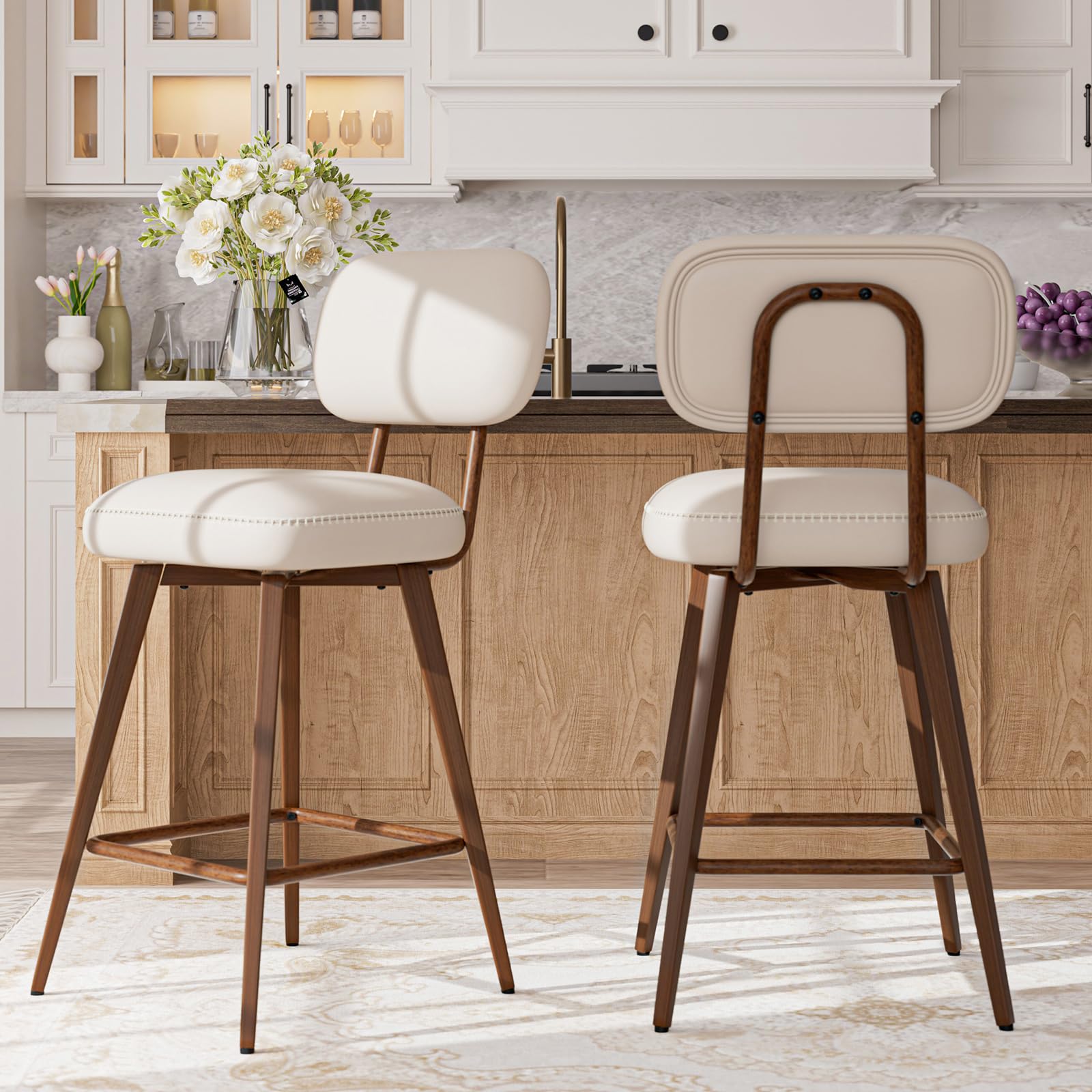 Photo 1 of ****** MISSING PIECES ISSUE WITH THE LEG FINAL SALE *****MALOL Swivel Bar Stools Set of 2, Mid Century PU Leather Counter Height Bar Chairs with Low Back and Metal Legs, Modern Bar Stool Chair for Kitchen Island, Beige