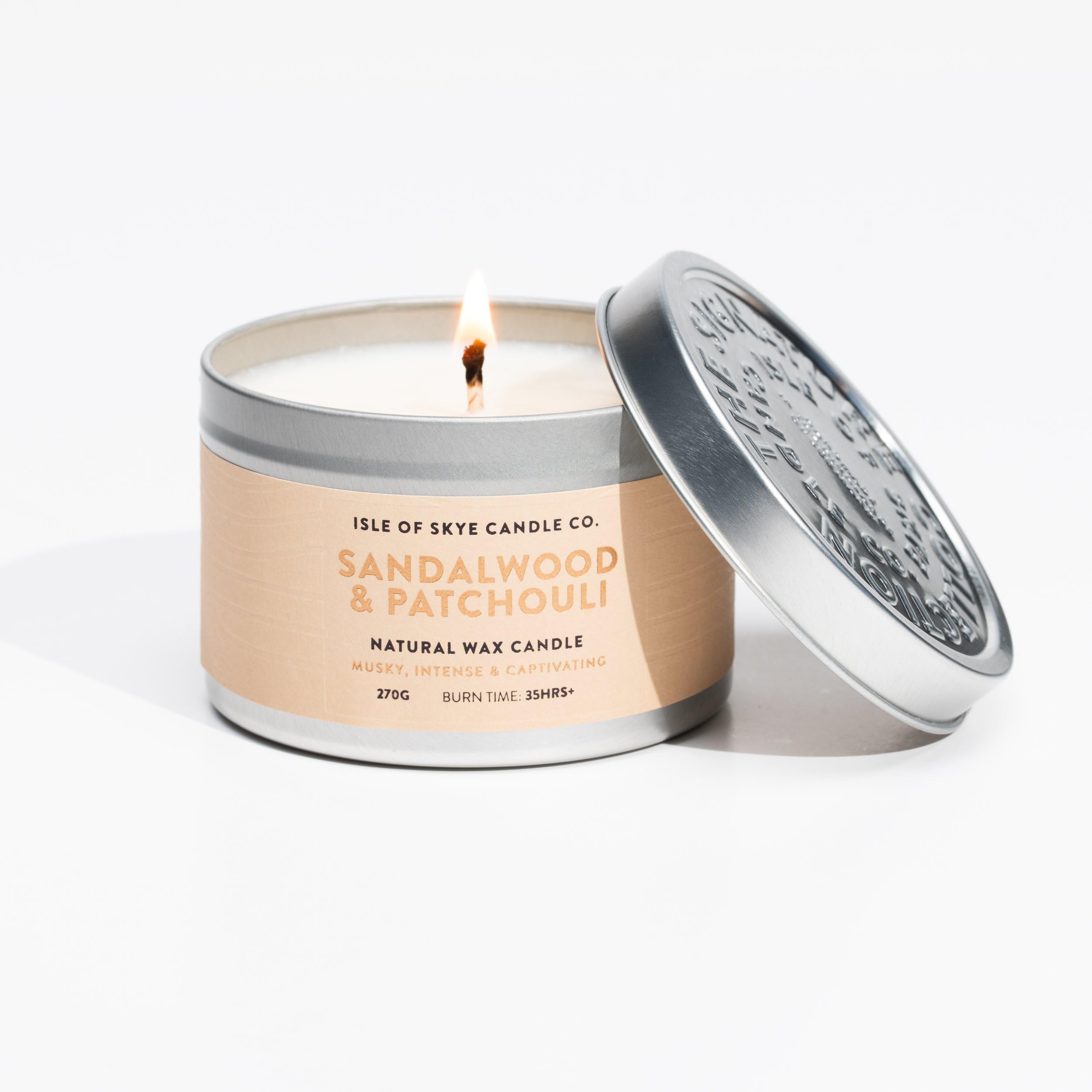 Isle of Skye Candle Company Sandalwood & Patchouli Travel Container | Natural Soy Wax Candle | Handmade in Scotland | Premium Scented Candle | Compact Lightweight Packaging | 30 Hours Burn Time
