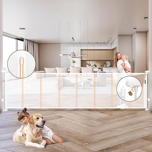 236″ RETRACTABLE BABY GATE EXTRA WIDE, 41″ TALL RETRACTABLE DOG GATE FOR STAIRS, DOORWAYS, DECKS, MESH GATE LONG CHILD GATE PET GATE FOR INDOOR, OUTDOOR, WITH REINFORCED MESH RODS, DUAL LOCKS