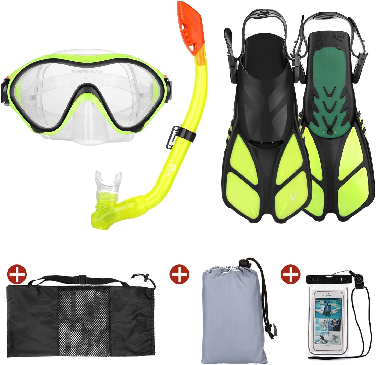 Odoland 6-in-1 Kids Snorkeling Packages Snorkel Set, Anti-Fog and Anti-Leak Full Face Snorkel Mask with Adjustable Swim Fins, Beach Blanket and Waterproof Case for Boys and Girls Age 9-15 Yellow : Sports & Outdoors