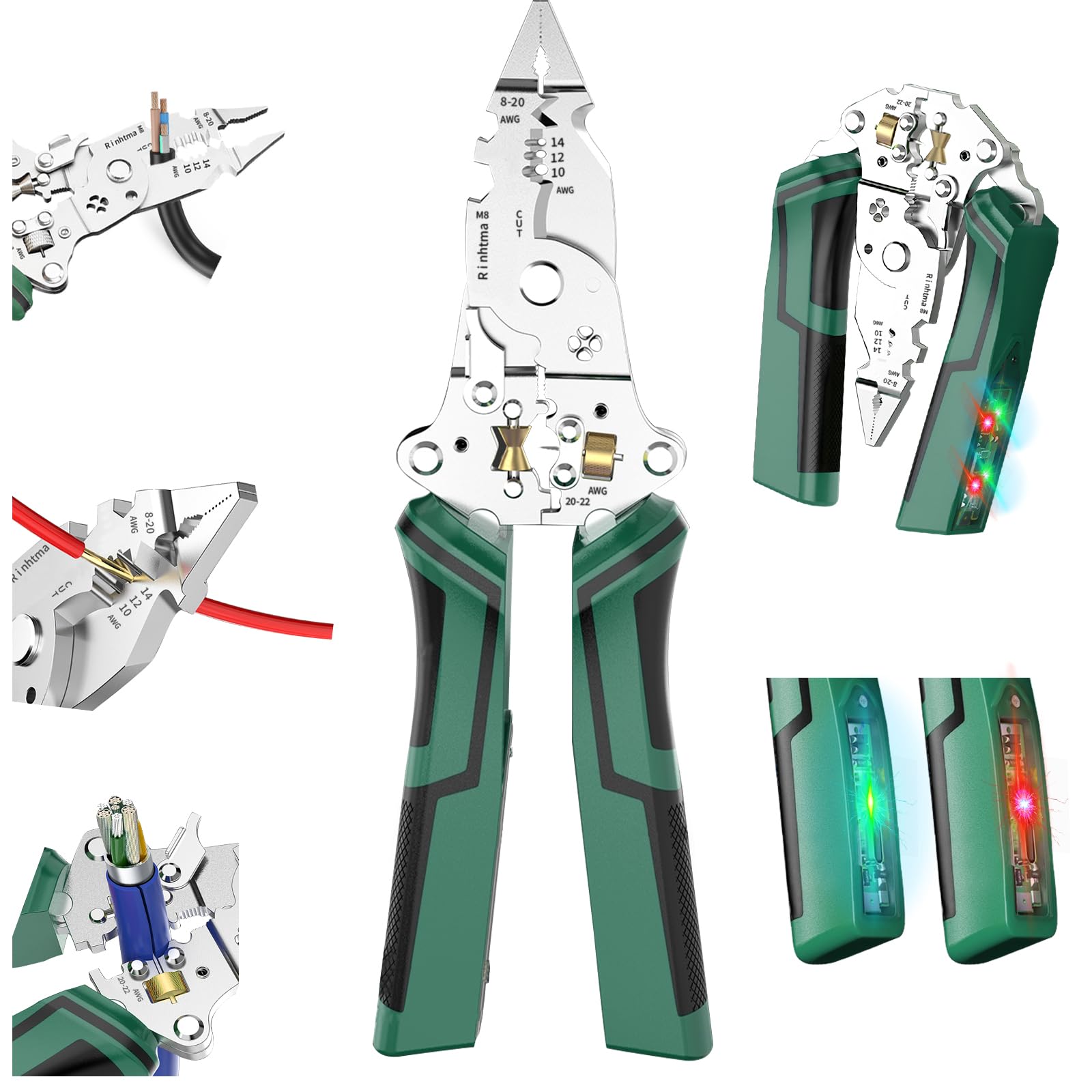 Photo 1 of 14-in-1 Wire Stripping Pliers, 2026 New Rechargeable Wire Strippers Tool with Voltage Tester&Alarms, Detectable 12-250V, Heavy-Duty Electrical Pliers&Wire Cutters–for Professional and Home Use (Green)