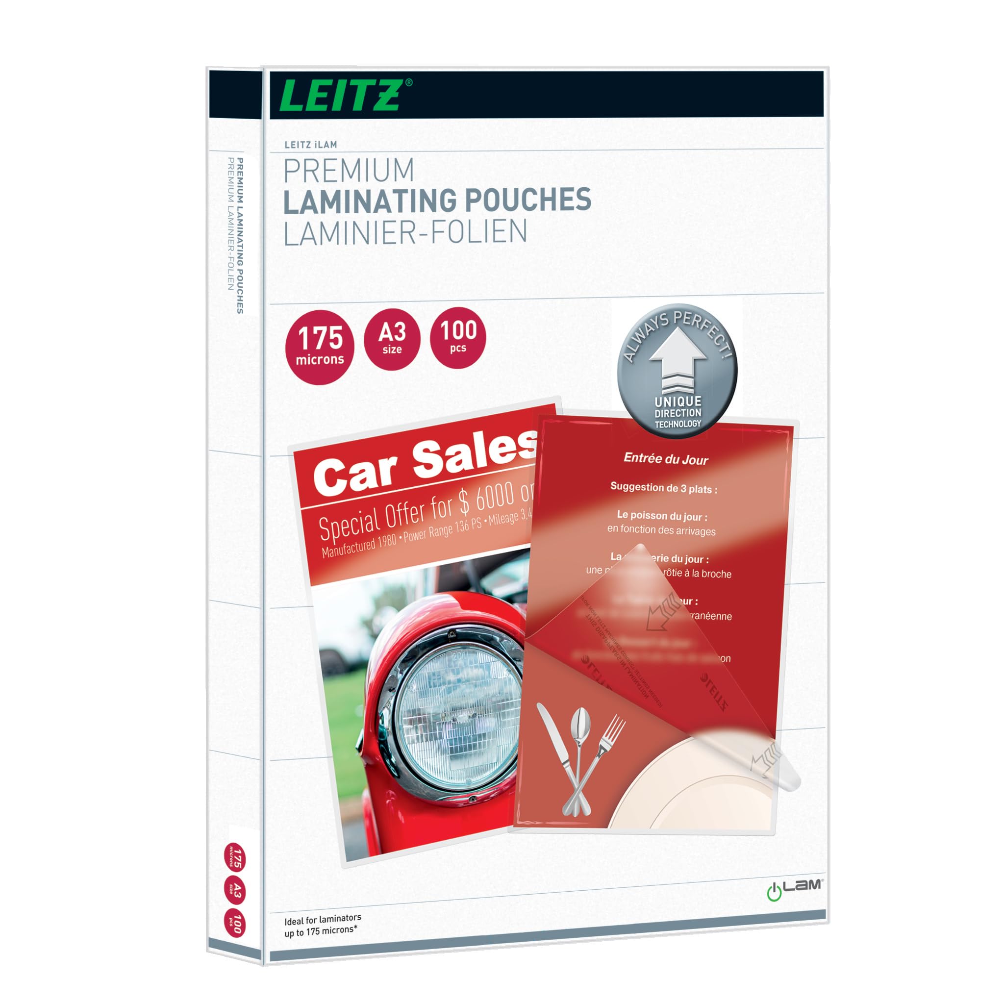 Leitz 74900000 Laminating Pouches Made of 175 Micron Thick Material (Transparent, Glossy, A3 and UDT) - Pack of 100