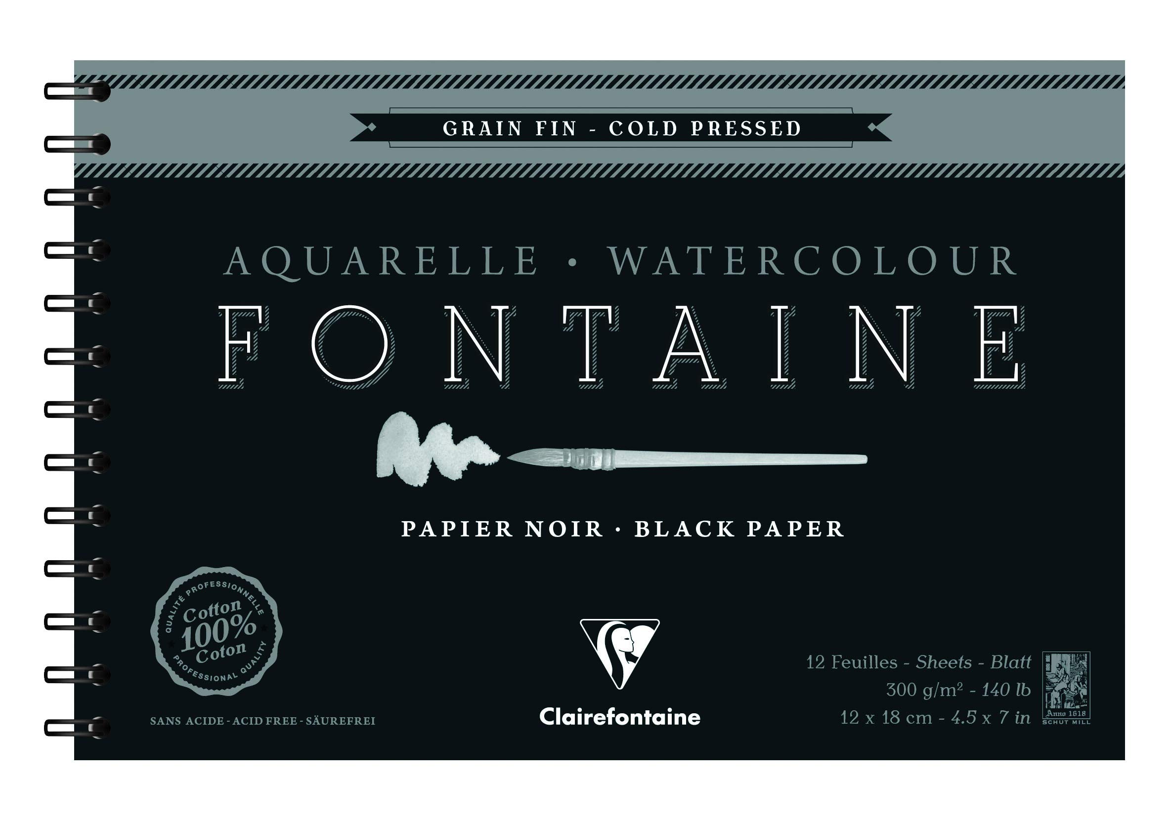 Clairefontaine - Ref 975310C - Fontaine Cold Pressed Black Watercolour Wirebound Pad (12 Sheets) - 12 x 18cm Size, 300gsm Paper - Suitable for Watercolour Artwork