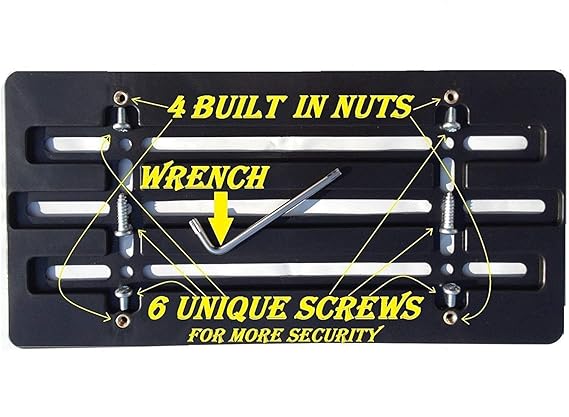 Trunknets Inc Universal Front Bumper License Plate Bracket + 6 Unique Screws and Wrench Kit