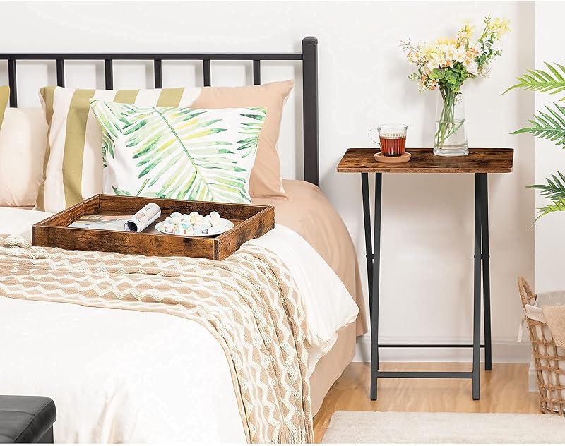 Mesa lateral com bandeja, sofá dobrável com bandeja de madeira removível, mesa de centro de estilo vintage com estrutura metálica, estilo industrial contemporâneo, castanho rústico EBF29BZ01
