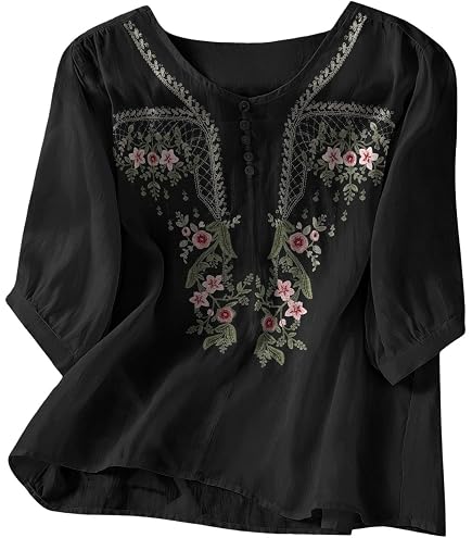 2025 Cotton Linen Shirts for Women Embroidery Jacquard V Neck