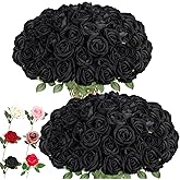 LELEE Artificial Roses Bulk Black Silk Rose with Stem, 52pcs Fake Flowers Decoration for Wedding Table Centerpieces Bridal Bouquet Halloween Home Decor