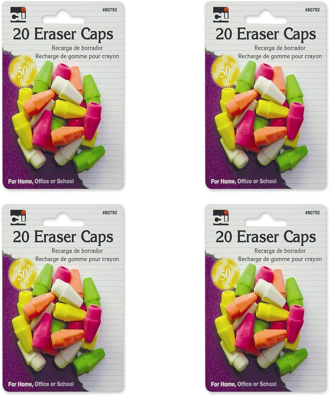 Charles Leonard Eraser - Caps - Neon - Assorted - 20/Card, 80792, 4 Packs