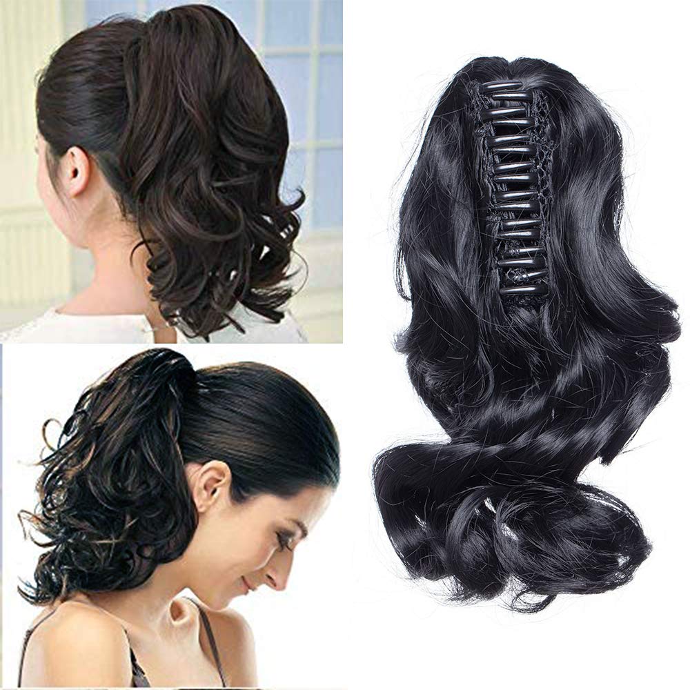 Claw on Ponytail Hair Extensions Curly Wavy Synthetic Hairpiece Clip in Pony Tail Heat-Resisting(12 inches Jet Black) — image 1