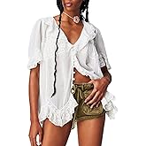 Women’s Tie Front Ruffle Boho Tops Flowy Sheer Short Sleeve Lace Blouse Y2k Embroidered Babydoll Button Down Shirts
