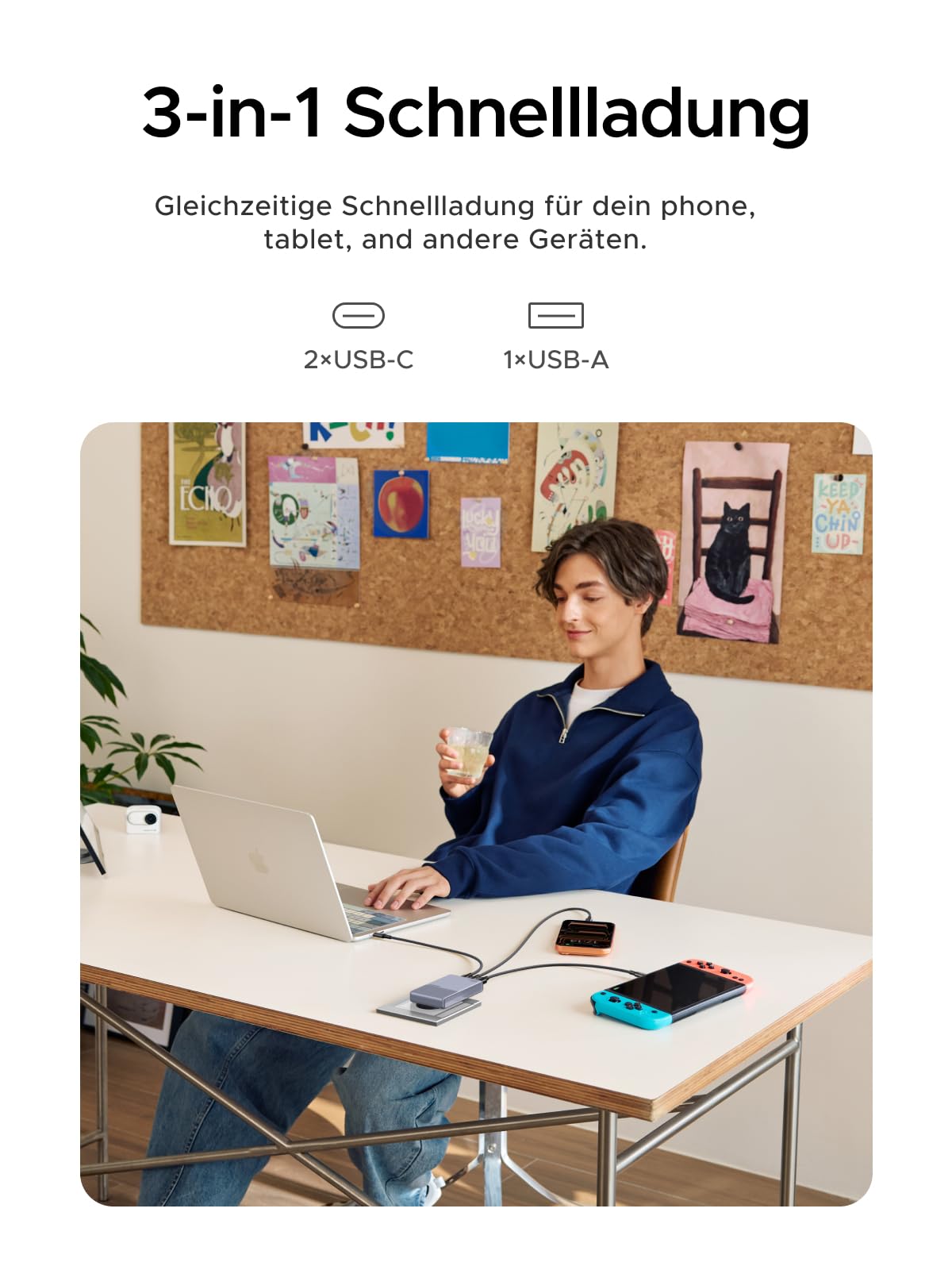 UGREEN USB C Ladegerät 65W Slim, 1,45cm Dünn, Klappbarer Stecker, 3-Port 4
