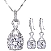 AMYJANE Crystal Jewelry Set for Women - Sterling Silver Square Cubic Zirconia CZ Bridal Pendant Necklace Earrings Set for Wedding Bride Bridesmaids Birthstone Fashion Jewelry Set
