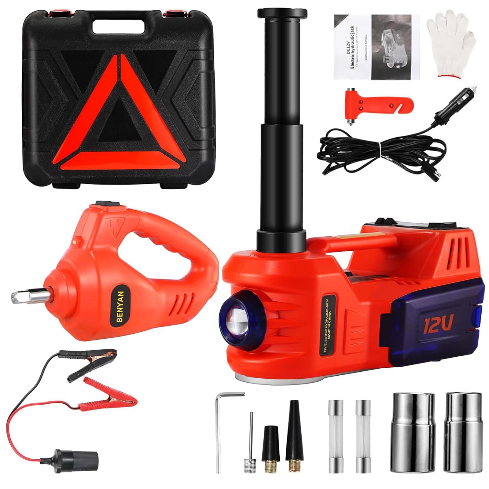 Photo 1 of BENYAN Electric Car Jack Kit 5 Ton 12V Floor Jack with Impact Wrench and Tire Inflator Pump Portable Hydraulic Car Jack for SUV Sedans Tire Change with LED Light, Lifting Height 6 to 17.7 Inch