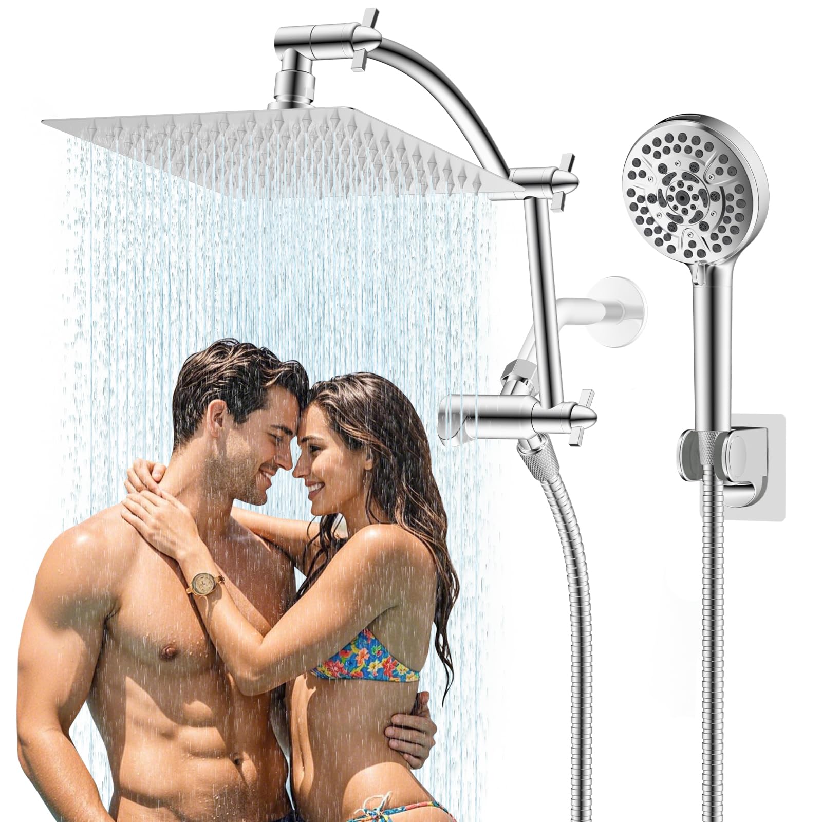 Photo 1 of Hibbent All Metal Shower Head, 8'' High Pressure Rain Shower Head/Handheld Showerhead Combo with 16'' Adjustable Arc-shaped Extension Arm, 10 Sprays, 71'' Hose, Adhesive Showerhead Holder, Chrome