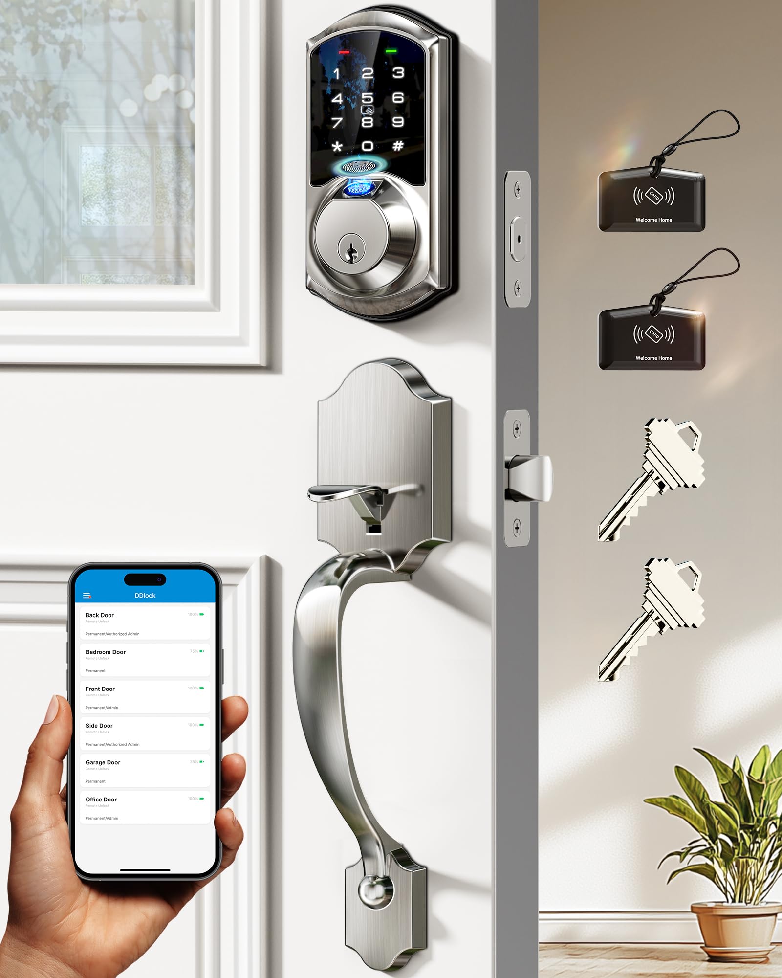 Photo 1 of Veise VE07-H Fingerprint Smart Locks for Front Door with Handle Set, App Control, Keyless Entry Keypad Deadbolt, Digital Electronic Touchscreen, Easy Install, Auto Lock, Satin Nickel