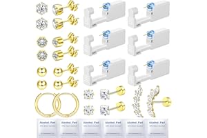 Nunpag 24 Pcs Ear Piercing Kit Ear Disposable Piercing Gun Kit Includes 6 Pcs Self Piercing Gun 12 Pcs Cubic Zirconia Earrings Stud Hoop Earrings 6 Cleaning Pads Easy to Use Ear Piercer Kit Tool