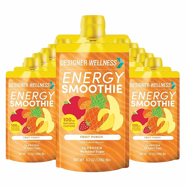 DESIGNER WELLNESS ENERGY SMOOTHIE, REAL FRUIT, 100MG NATURAL CAFFEINE, 5G PROTEIN, LOW CARB, ZERO ADDED SUGAR, GLUTEN-FREE, FRUIT PUNCH, 12 COUNT