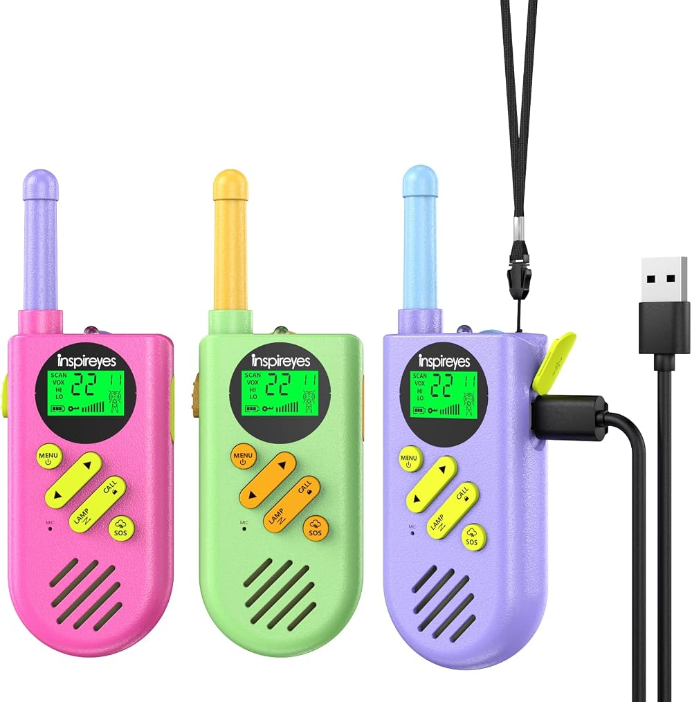 Inspireyes Kids Walkie Talkies 3-Pack Rechargeable Long Range 2-Way Radios