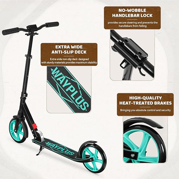 WAYPLUS AQUAS KICK SCOOTER FOR KIDS, TEENS & ADULTS – FOLDABLE, LIGHTWEIGHT, 8-INCH NON-SLIP DECK, ABEC9 BEARINGS, ADJUSTABLE HEIGHT, LIFETIME SERVICE