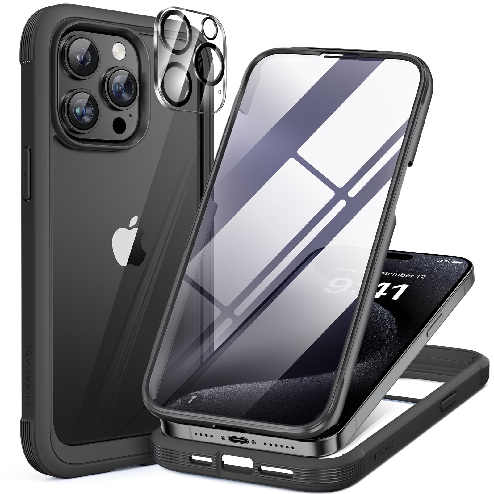 Miracase Glass Case for iPhone 15 Pro Case 6.1-Inch, Full Body Bumper Clear Back Cover and Built-in 9H Tempered Glass Screen Protector + Camera Lens Protector (Black)