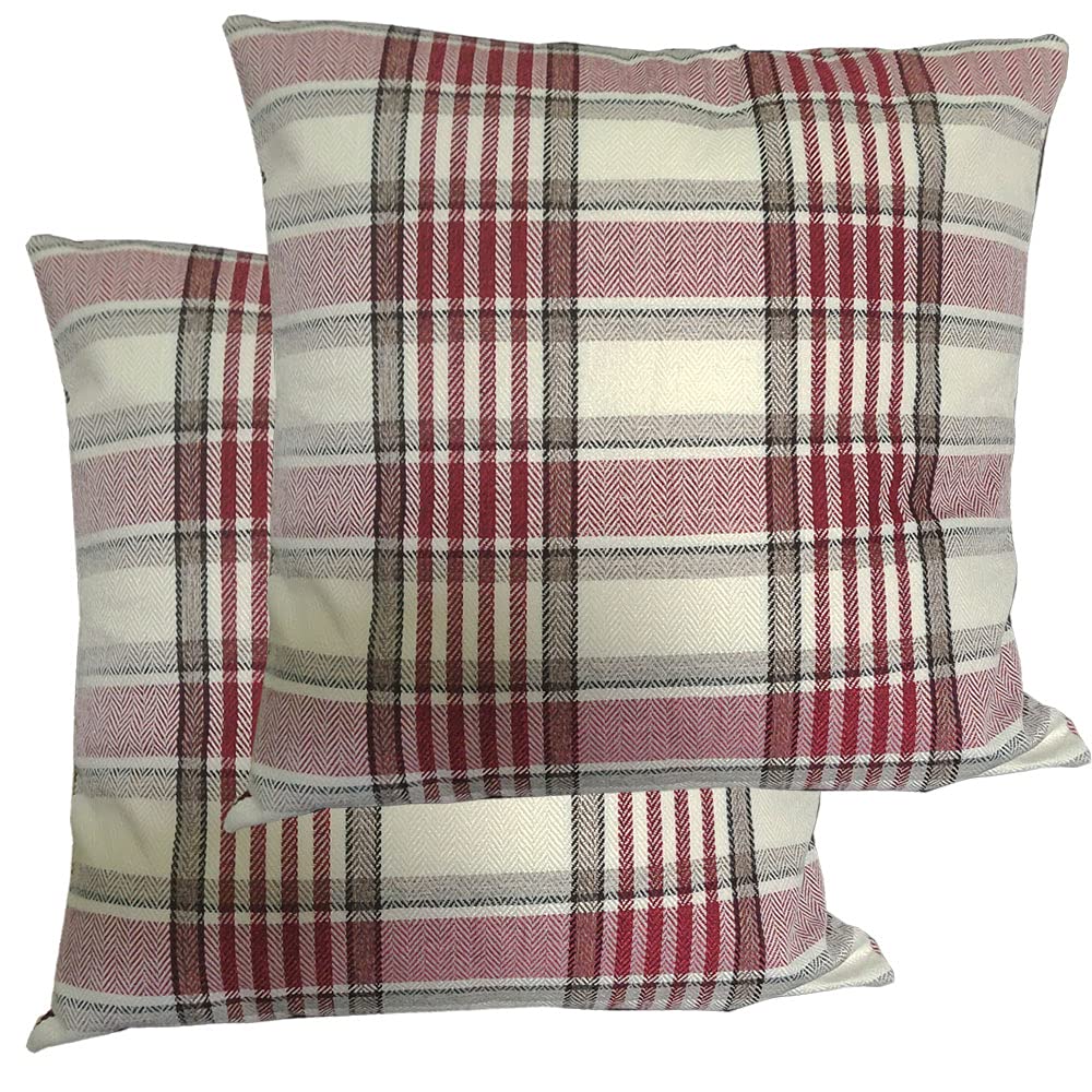 ZBW Impex - Set of 2 - Tartan Check Plaid Cushion Covers Striped Decorative Pillowcase For Home Sofa Bedroom Living Room (Red, 20x20 inch)