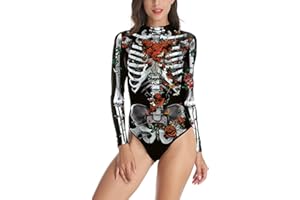 Timemory Halloween Women Digital Skeleton Tight One-piece Swimsuit with Zip-Back
