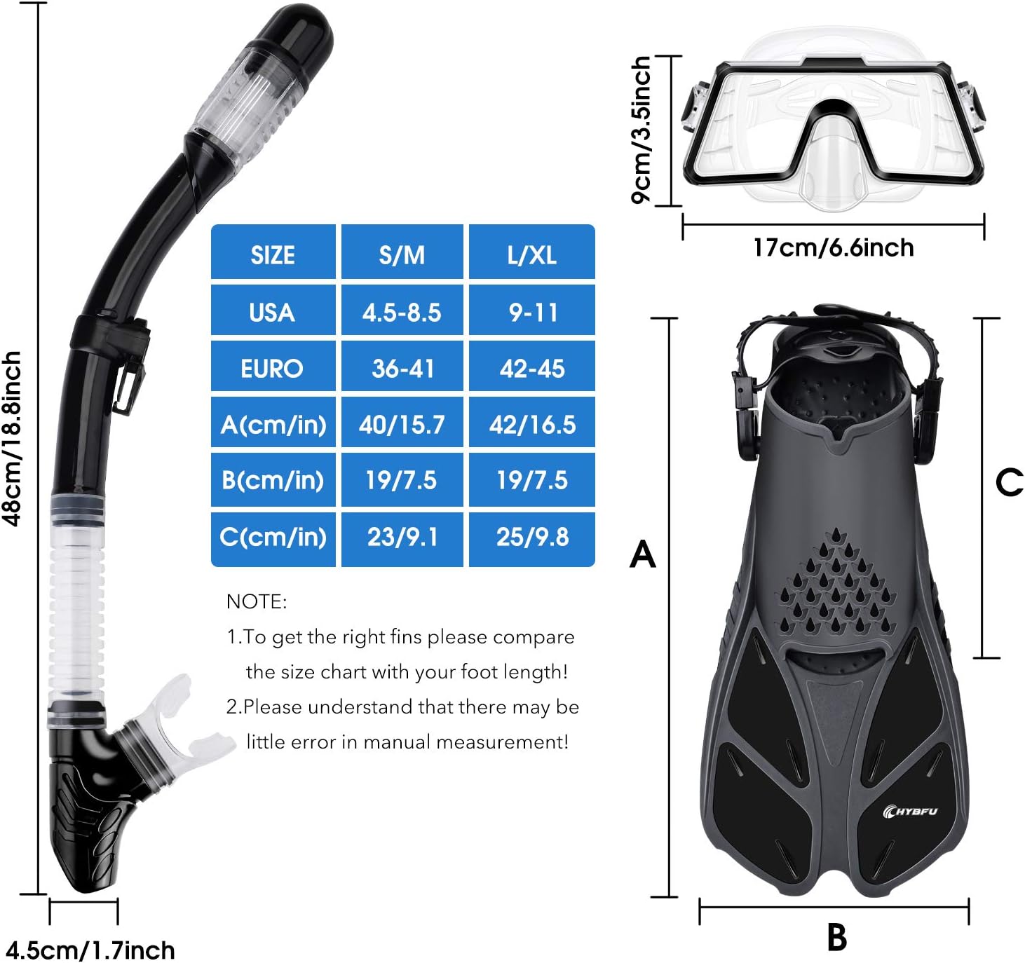 CHYBFU Mask Fins Snorkel Set with Adults Snorkeling Gear, Panoramic View Diving Mask, Dry Top Snorkel, Diving Flippers and Gear Bag, Snorkeling Packages for Snorkeling Swimming Scuba Diving Training : Sports & Outdoors