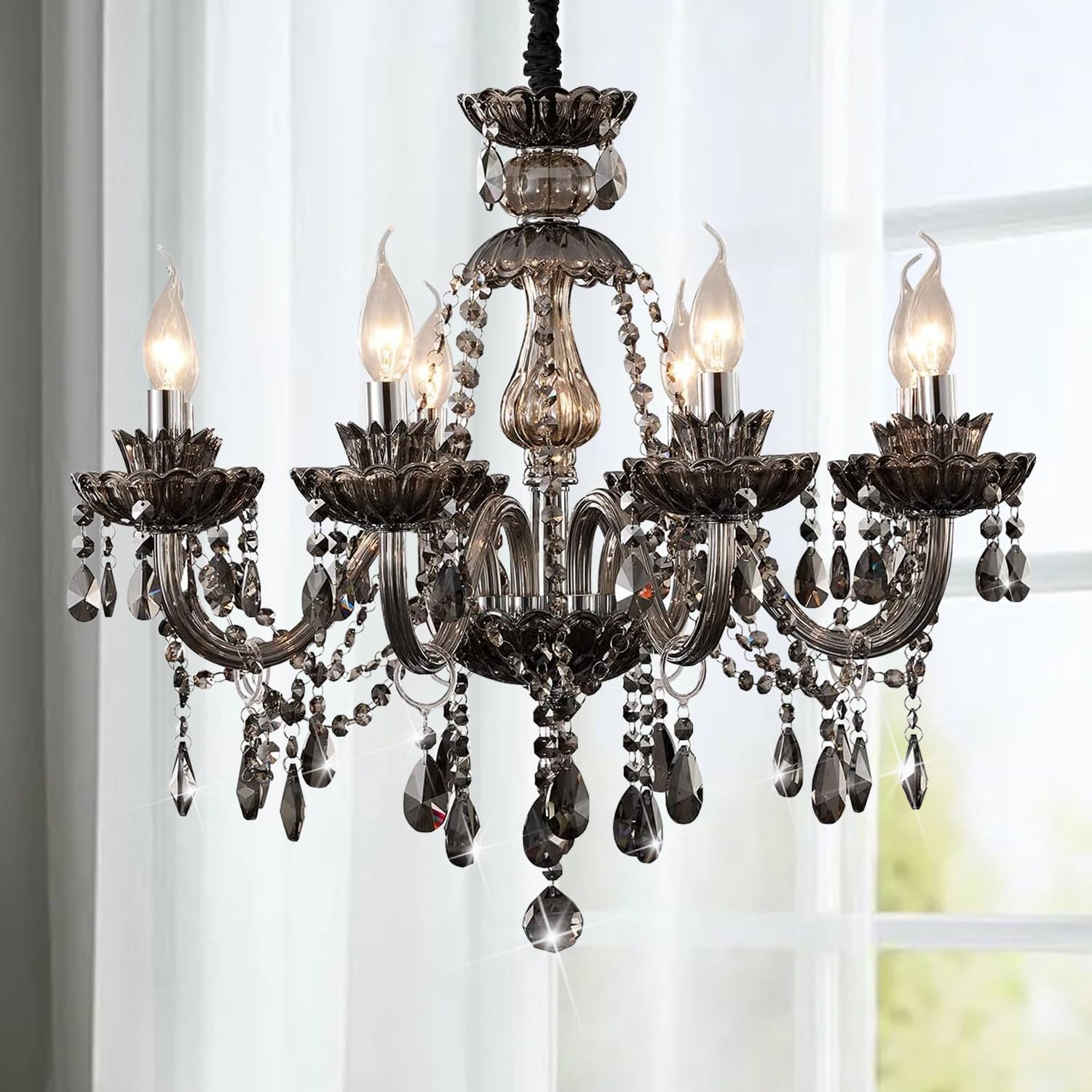 Photo 1 of Luxurious Smoky Gray Crystal Chandelier for Living Room, Antique 6-Lights Teardrop Candle Chandelier Pendant Ceiling Lighting Fixture for Kitchen Dinner Party Closet Entryway of CRYSTOP