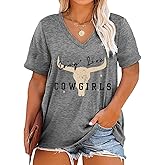 Womens Plus Size T Shirt Country Music Cowgirl Shirt Vintage Cow Printed Tshirts V Neck Short Sleeve Tops