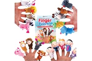 BETTERLINE 20-Piece Story Time Finger Puppets Set - Cloth Velvet Puppets - 14 Animals and 6 People Family Members