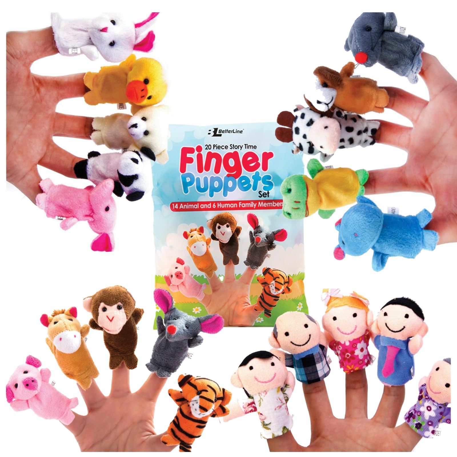 Photo 1 of 20-Piece Story Time Finger Puppets Set - Cloth Velvet Puppets - 14 Animals and 6 People Family Members
