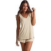 Faceplant Dreams' Bamboo Rayon Double V-Neck Pajama Tank Top | Luxury Lounge and Sleepwear (US, Alpha, X-Large, Regular, Regular, Oatmeal)