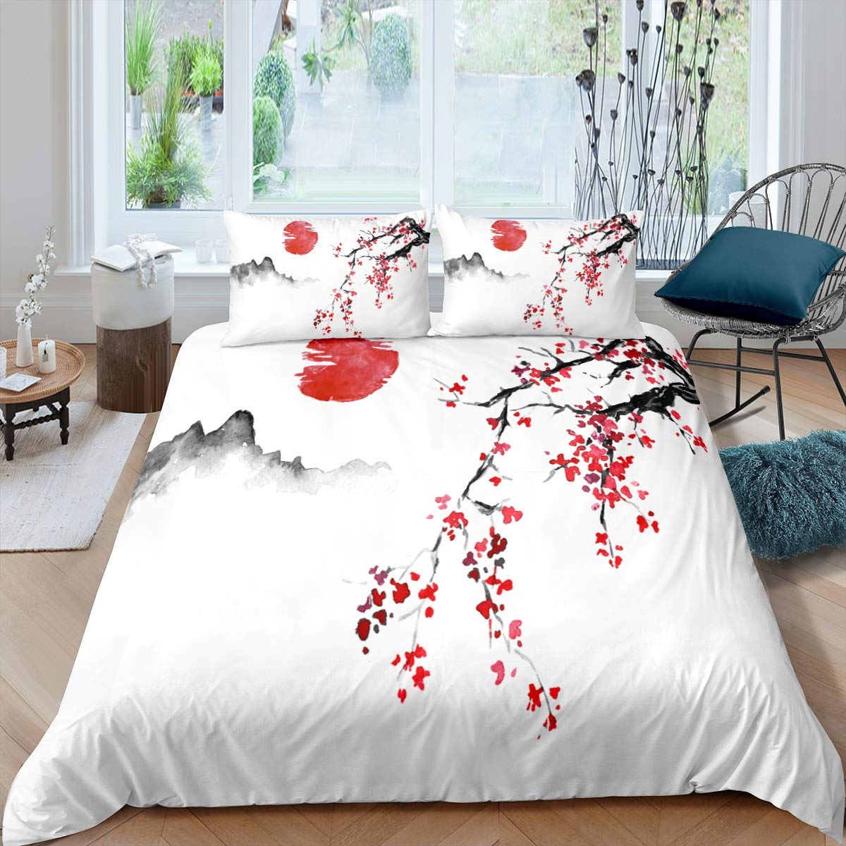 Loussiesd Japanese Cherry Blossom Bedding Set Smoky Mountain Print Soft Duvet Cover for Kids Boys Girls Teens Watercolour Comforter Cover(1 Duvet Cover 2 Pillow Cases),Double Size