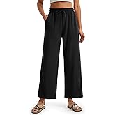 Libin Women Linen Pants Wide Leg Side Slit Ankle Pants High Waist Drawstring Casual Palazzo Loose Beach Pant Cropped Trousers