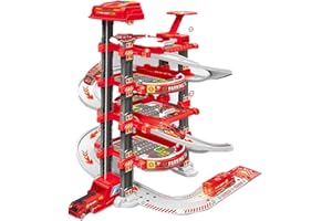 SCLWSS Ultimate Garage Track Set Compatible with Hot Wheels Cars with 2 Toy Cars and 1 Helicopter, with Multi-Level Side-by-Side Racetrack（Firefighting Main Track）