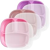 Re-Play Toddler Plates with Dividers - Deep-Walled 3 Compartments Divided Plates for Kids with 3 Lids - Dishwasher & Microwave Safe - Made in USA - Set of 3-7.37" x 7.37" x 1.25" - Berry