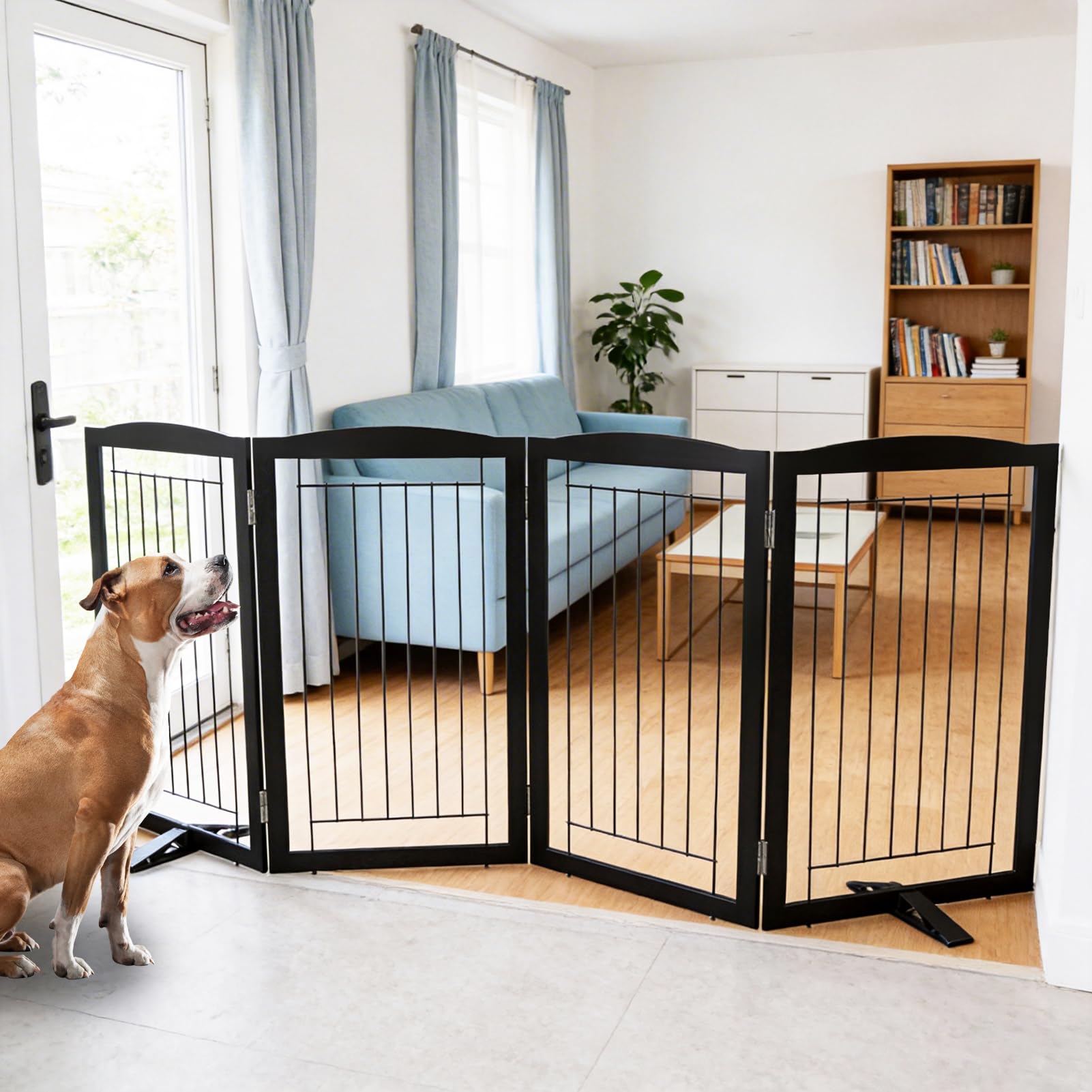 zjsf freestanding dog fence indoor, foldable dog gate for doorways, stairs or hallways, sturdy wood