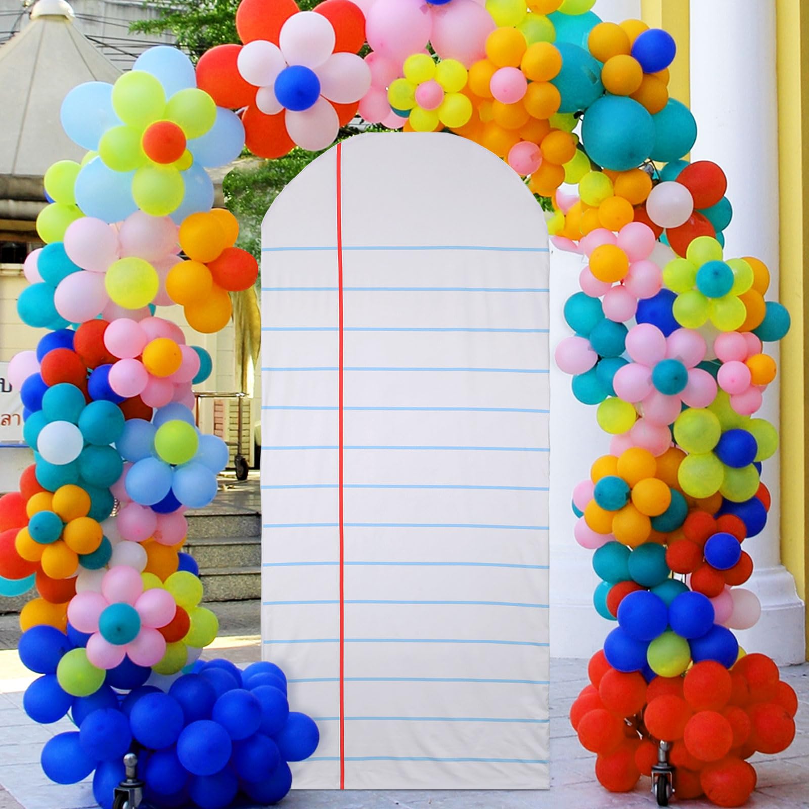 Photo 1 of Breling 6.7ft Inch Back to School Arch Backdrop Cover Notebook Paper Fitted Round Top Backdrop Stand Cover for First Day of School Kindergarten Birthday Party Ceremony Banquet Decoration