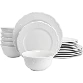 Elama Henryi 18 Piece Embossed Rim Detail Porcelain White Dinnerware Set, Tableware Set, Serveware (18 Piece)