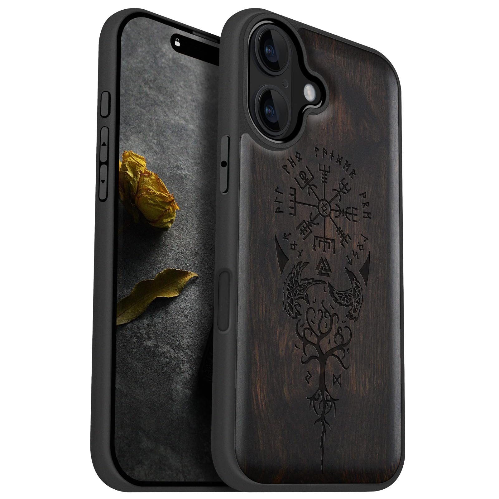 Carveit Magnetic Wood Case for iPhone 16 - Solid Wood & Black Soft TPU Shockproof Protective Cover - Unique Wooden Case Compatible with MagSafe (The Guiding Vegvisir - Blackwood)