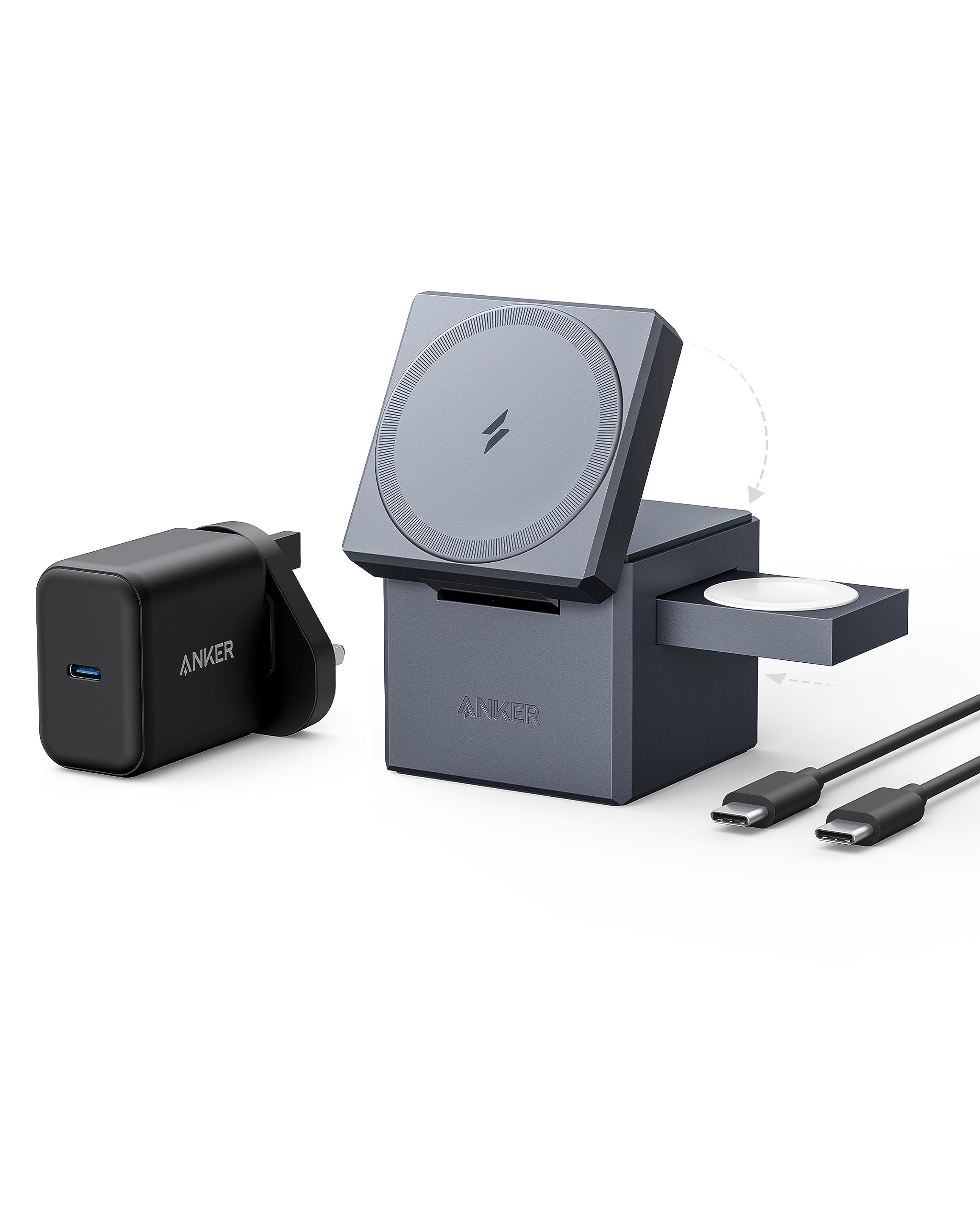 Anker 3-in-1 Cube Compatible with MagSafe - 15W Fast Charging, Foldable Wireless Charge Station for Apple Watch, iPhone 17/16/15/14/13, and AirPods Pro (Charger and Interchangeable Plugs Included)