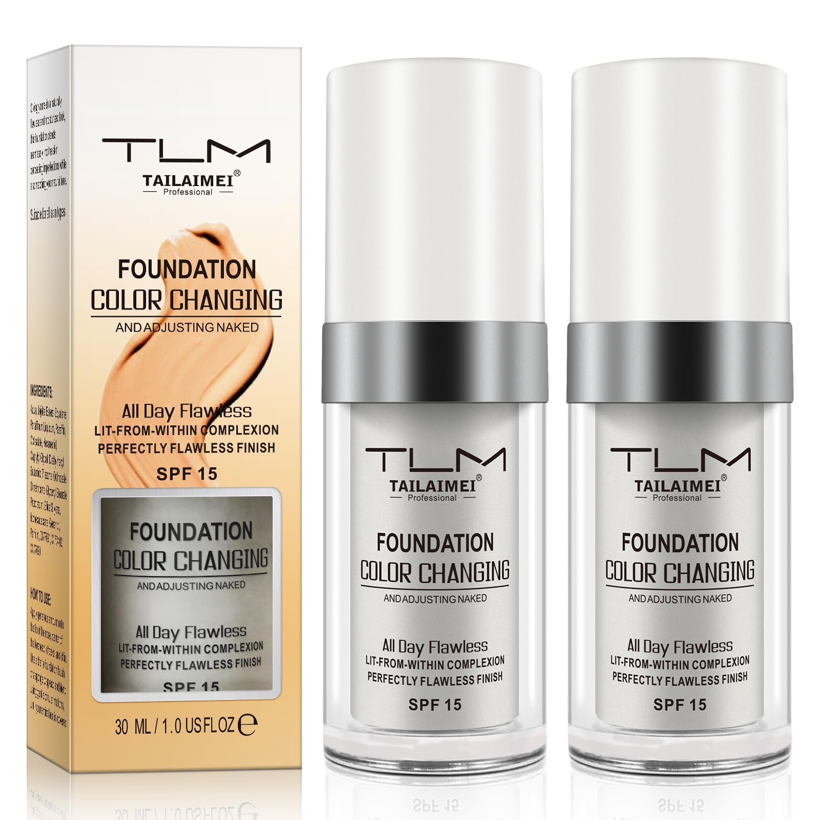 2PCS Flawless Colour Changing Warm Skin Tone Foundation, Naturally Blends Moisturizing foundation makeup, Long Lasting Waterproof Lightweight Liquid Foundation SPF 15 for Face Makeup