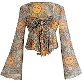 SHENHE Women's Tie Front Paisley Bell Sleeve Peplum Top Ruffle Babydoll Top Hippie Shirt
