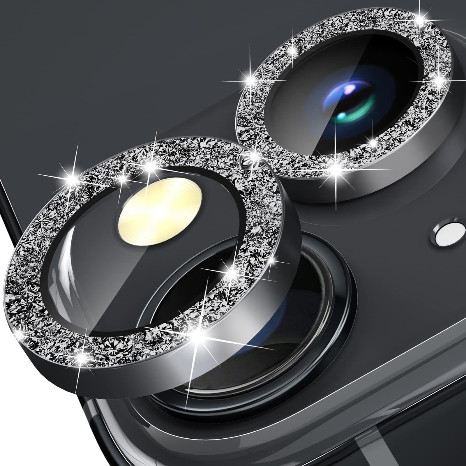 imluckies Compatible with iPhone 14 / iPhone 14 Plus Camera Lens Protector Bling, Upgraded 9H Tempered Glass Lens Screen Protection Cover Premium Aluminum Alloy Edges Individual Glitter Ring, Black
