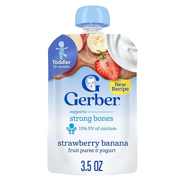 GERBER TODDLER FOOD, STRAWBERRY BANANA, FRUIT PUREE AND YOGURT POUCH. NO ADDED SWEETENERS, 12PK
