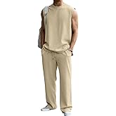 JMIERR 2026 Men 2 Piece Set Casual Tank Loose Fit Pants Elastic Textured Rib Beach Lounge Sleeveless Shirts